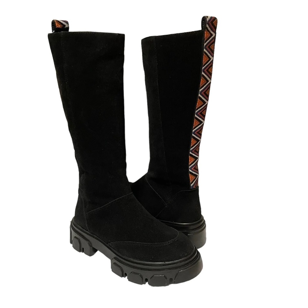 Farm Rio Women’s 7.5 Black Knee High Suede Leather Chunky Heel Platform Boots